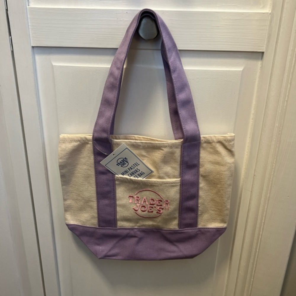 NWT Trader Joe’s Mini Pastel Canvas Tote Canvas Tote Bag Color Purple And Cream